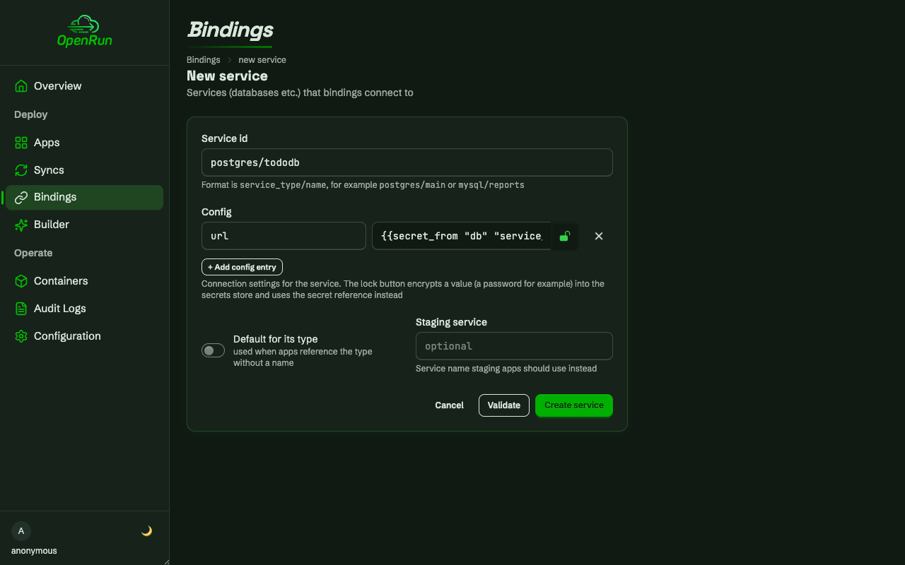 New service form with the connection url stored as a secret