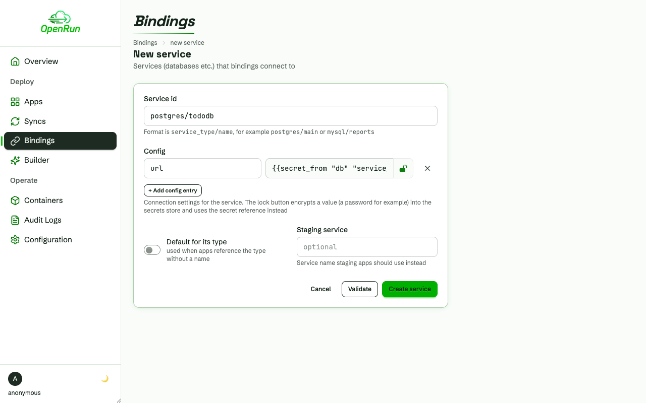 New service form with the connection url stored as a secret