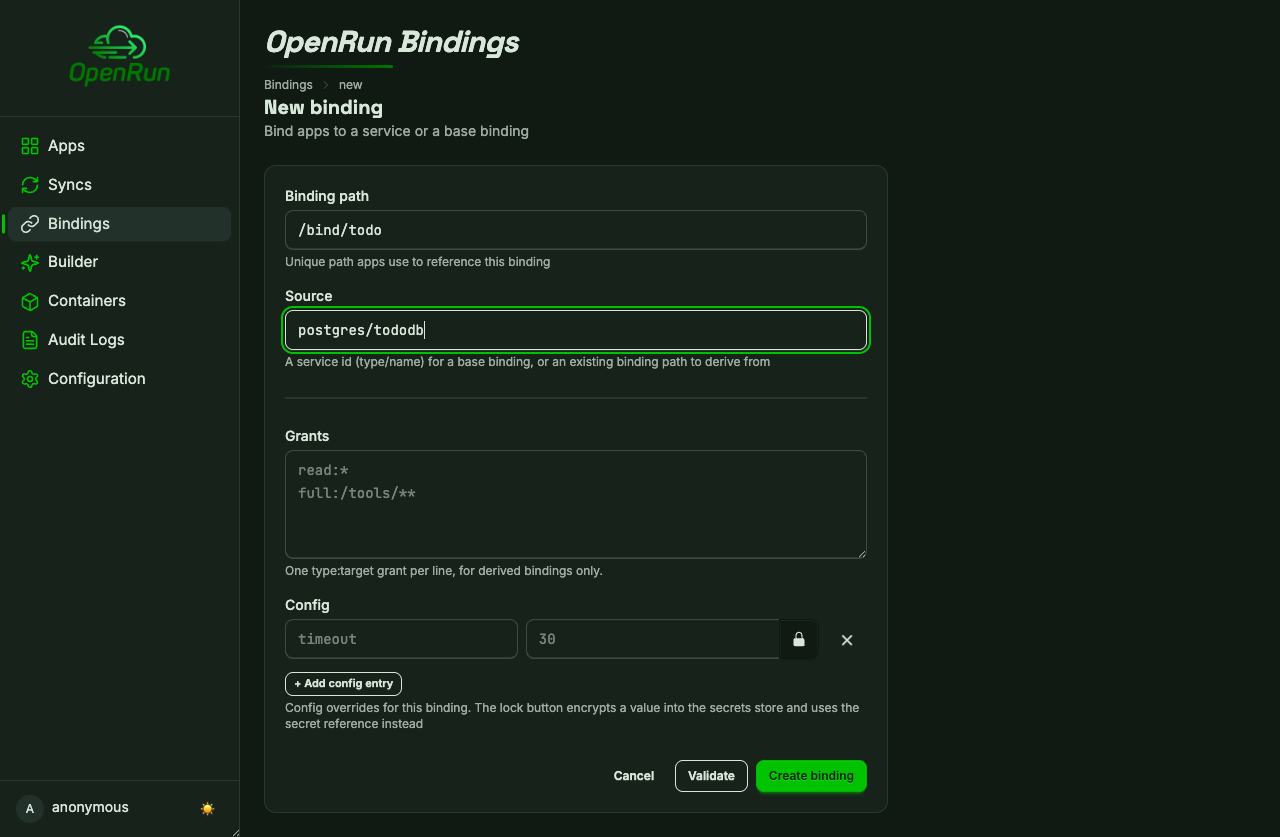 New binding form sourced from the postgres service