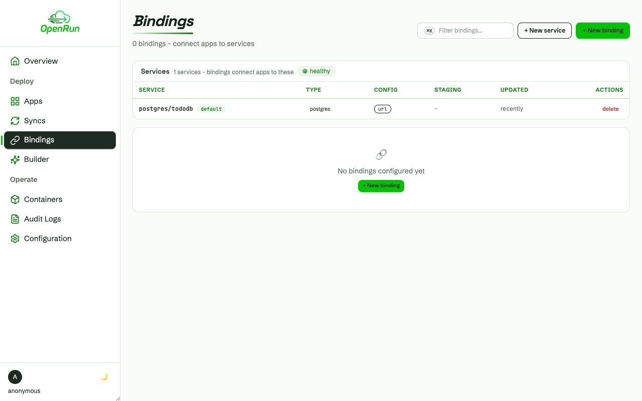 Bindings page listing the postgres service