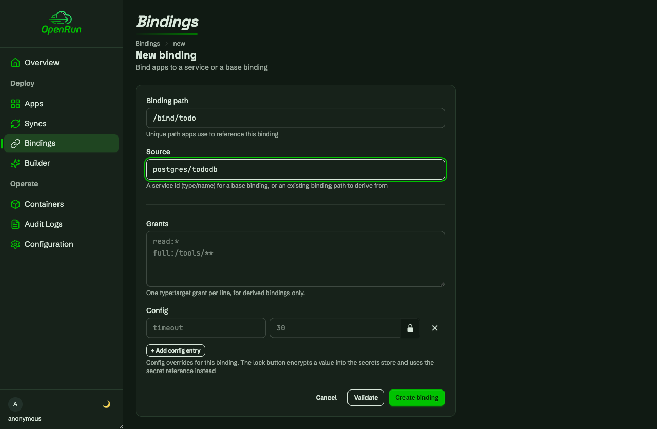 New binding form sourced from the postgres service