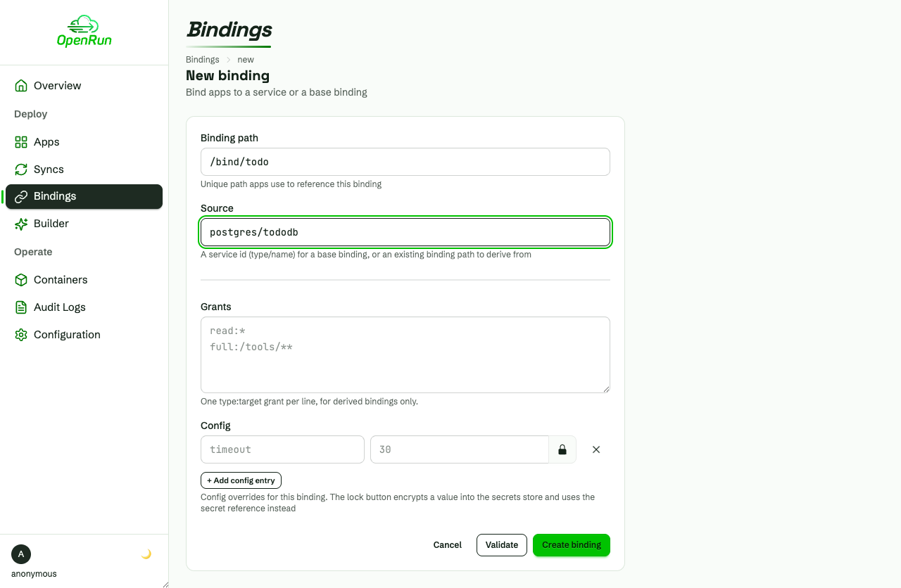 New binding form sourced from the postgres service