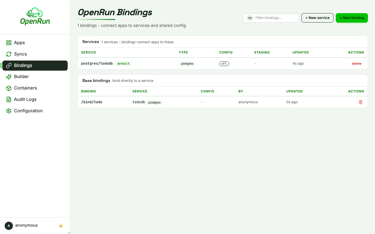 Bindings page with the service and the base binding