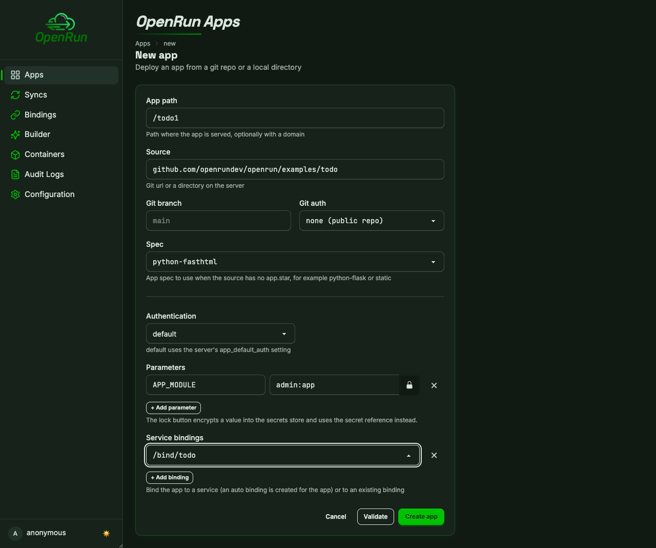 New app form with spec, params and the binding selected