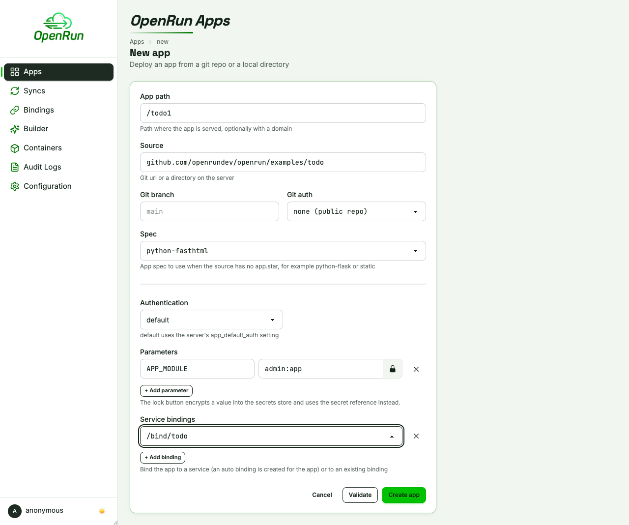 New app form with spec, params and the binding selected