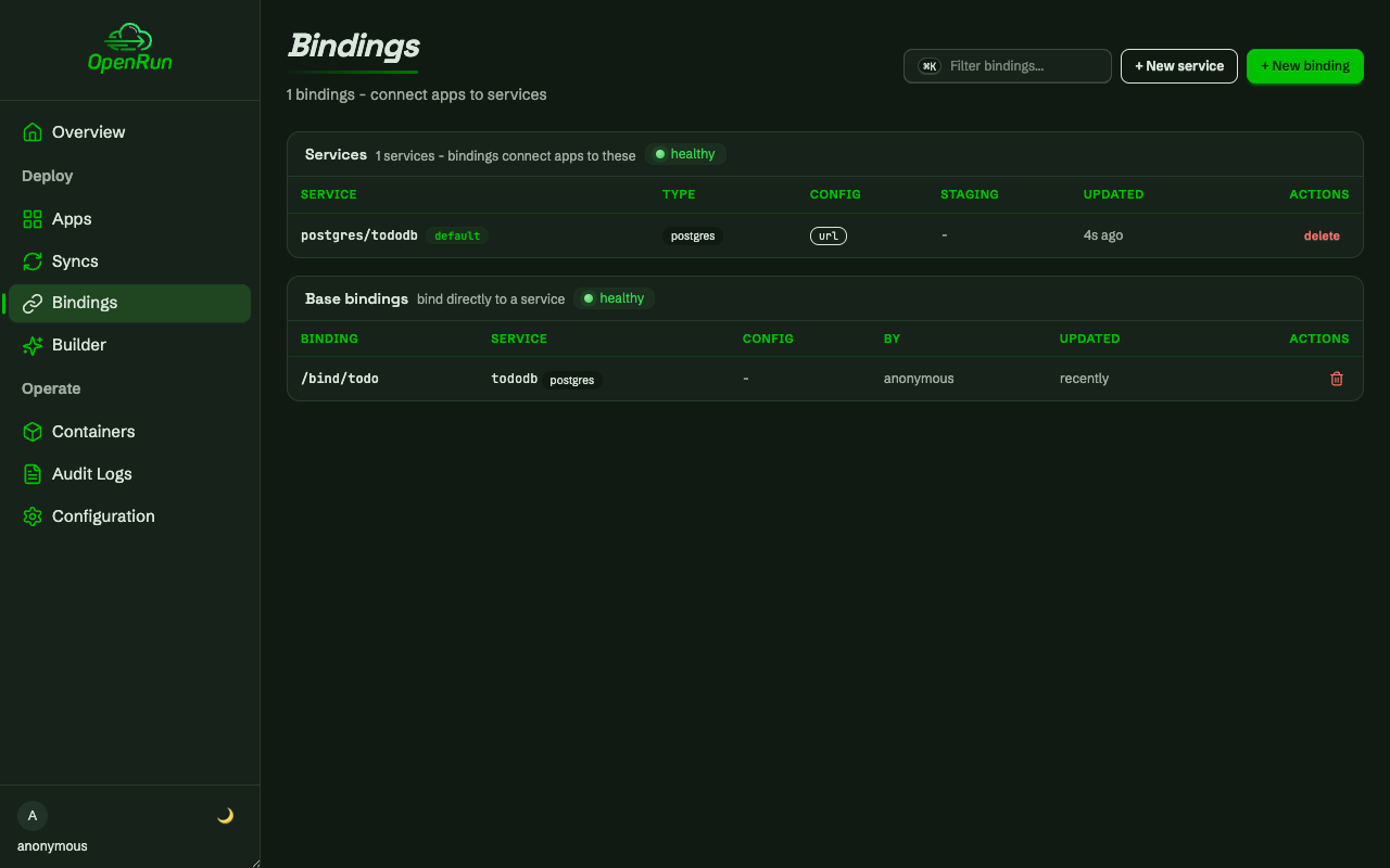 Bindings page with the service and the base binding