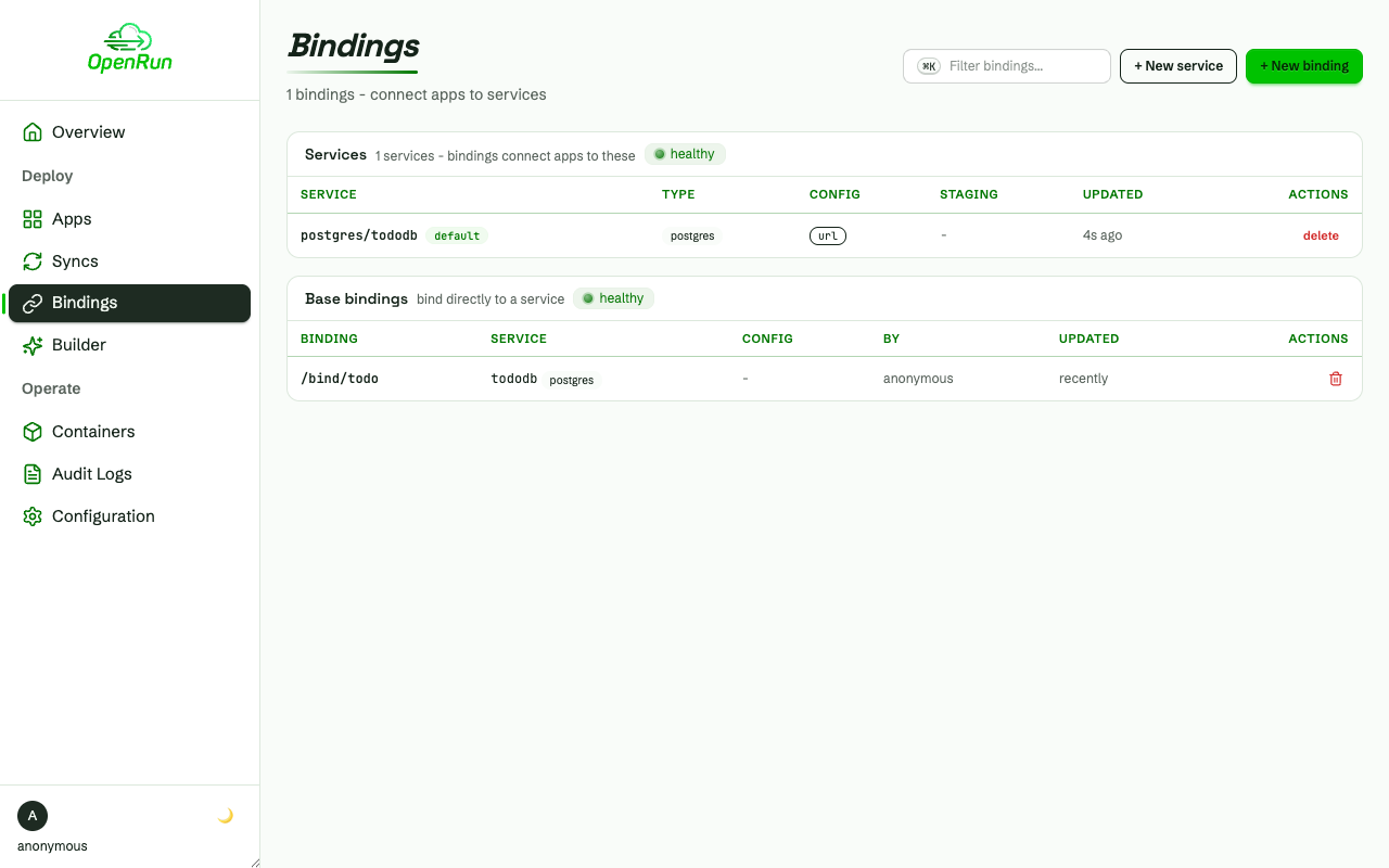Bindings page with the service and the base binding