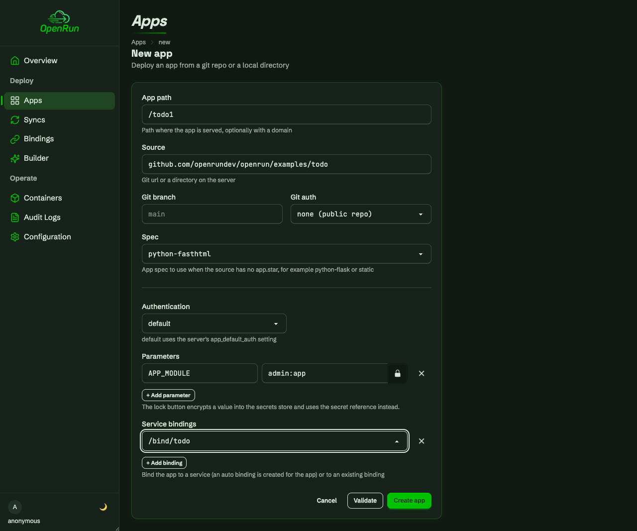 New app form with spec, params and the binding selected