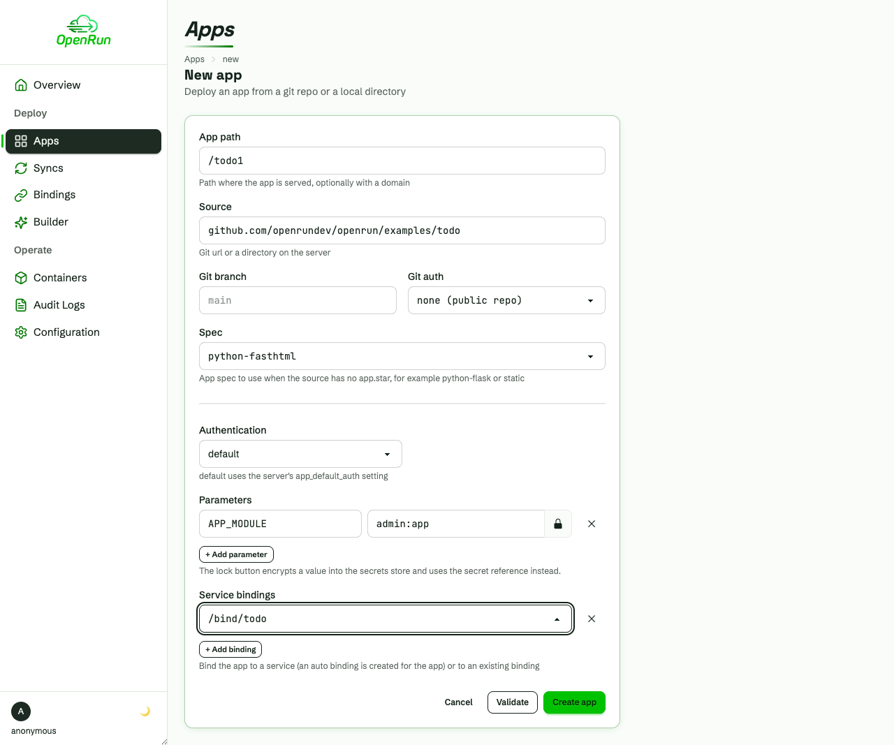 New app form with spec, params and the binding selected