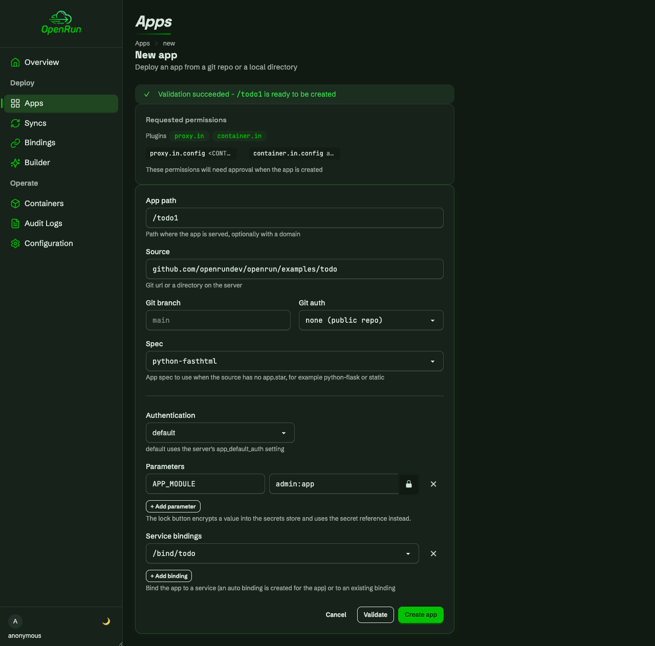 App create form after a successful validate dry run