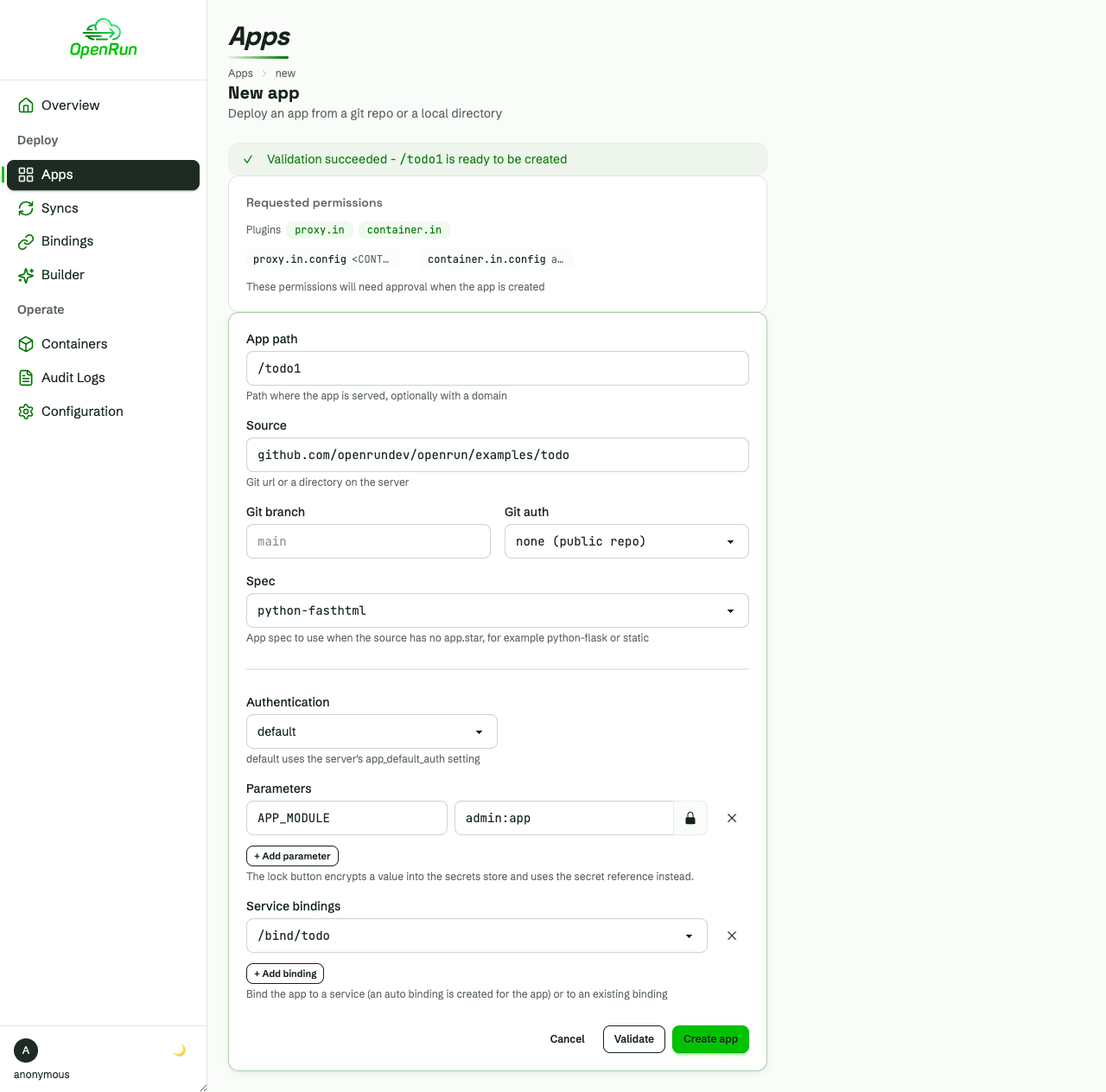 App create form after a successful validate dry run