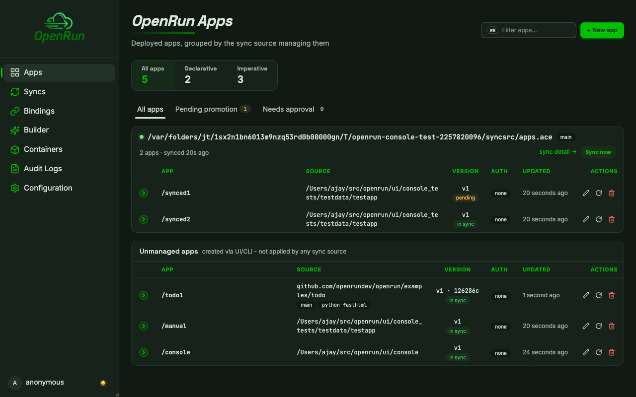 Apps page with the deployed app