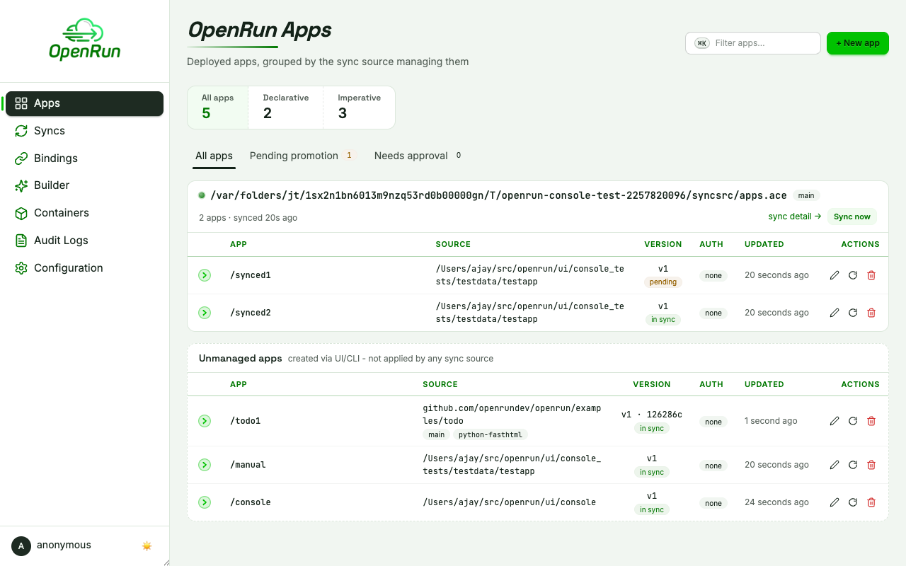 Apps page with the deployed app