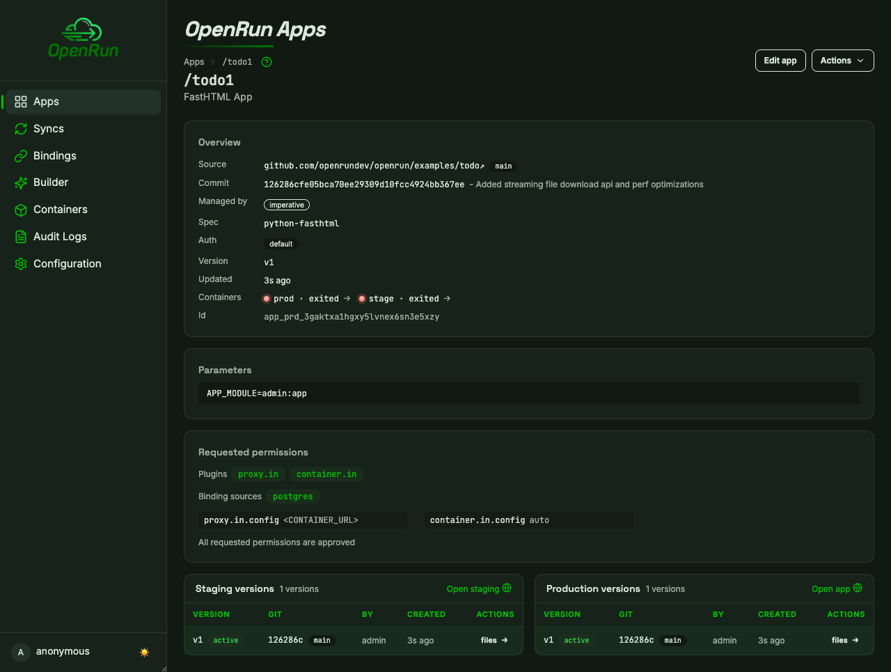 App detail page with versions and permissions