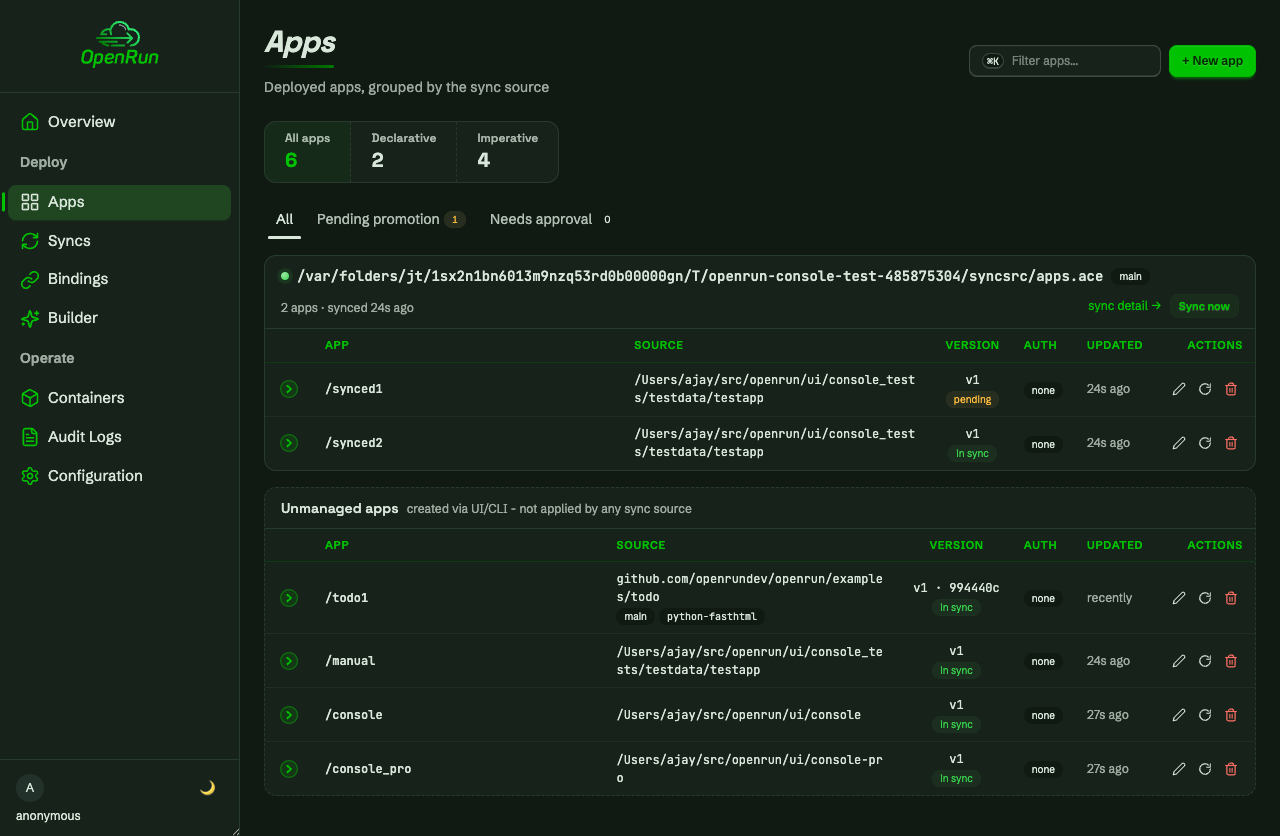 Apps page with the deployed app