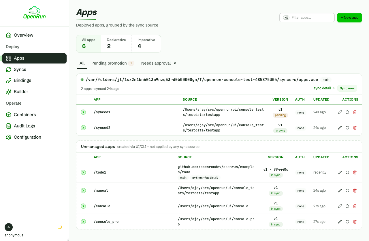 Apps page with the deployed app