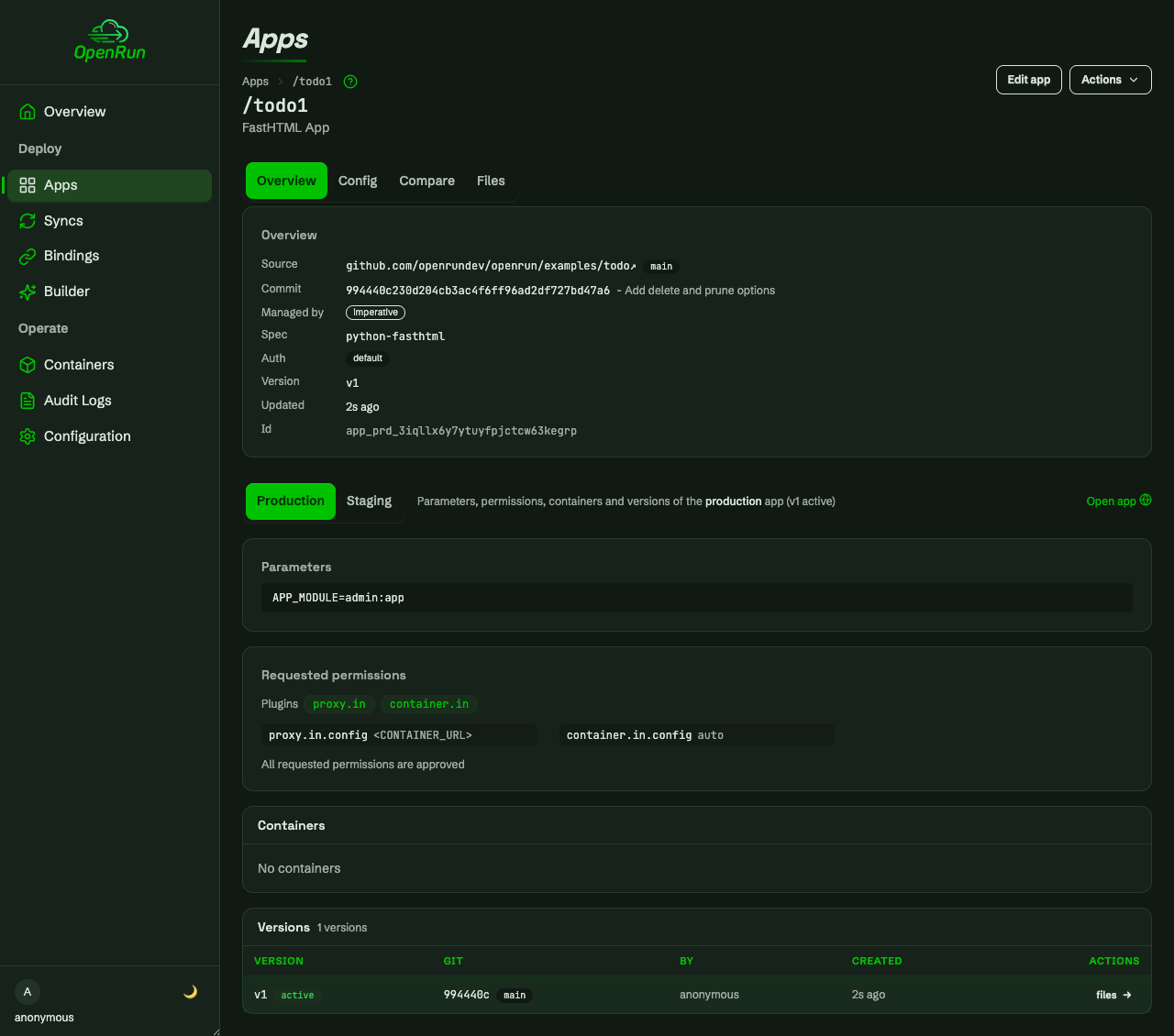 App detail page with versions and permissions