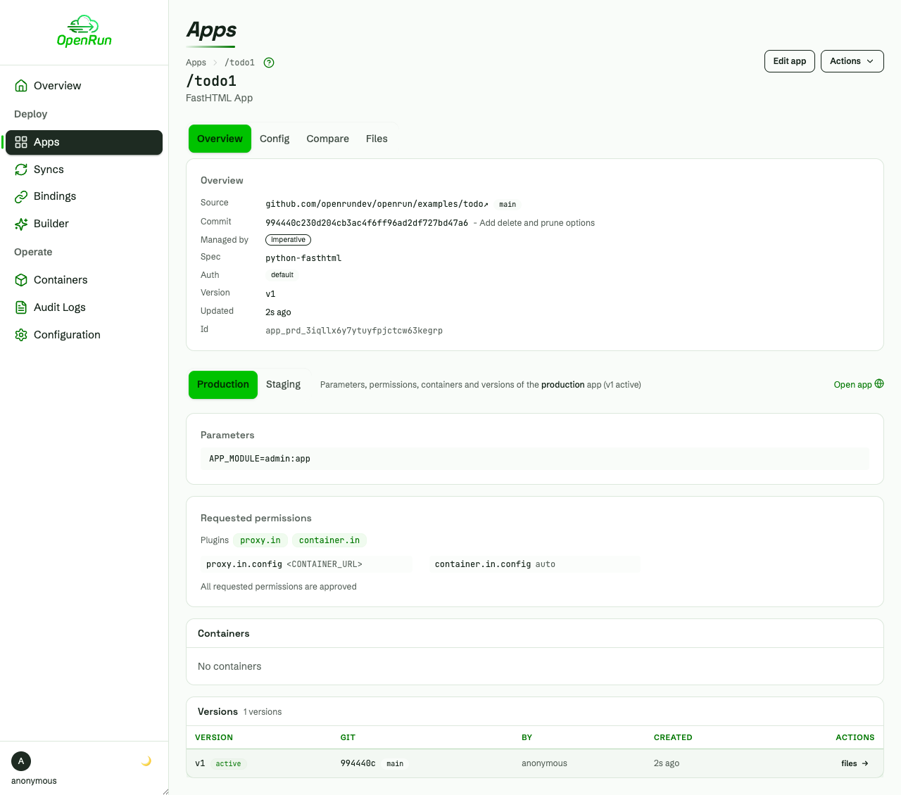 App detail page with versions and permissions