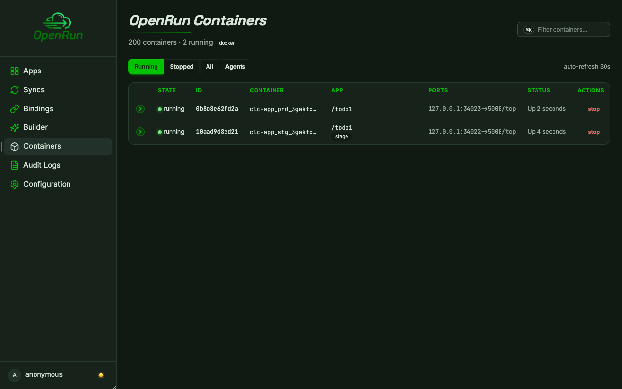Containers page with the app's prod and staging containers
