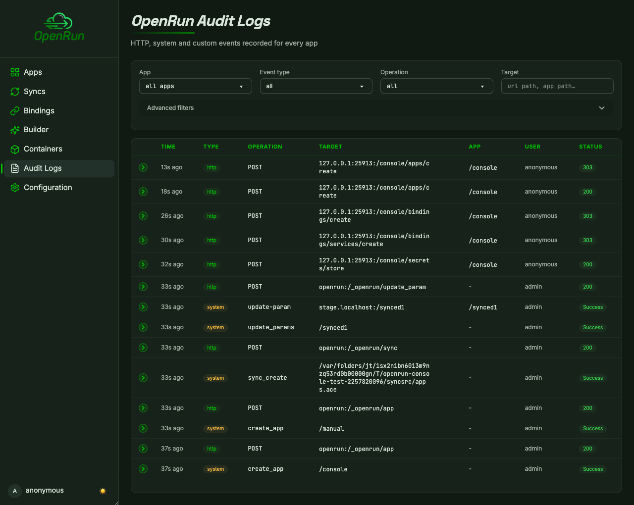 Audit page with the operations from this flow