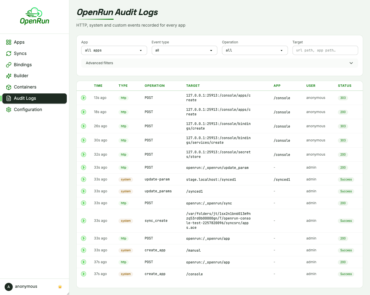 Audit page with the operations from this flow