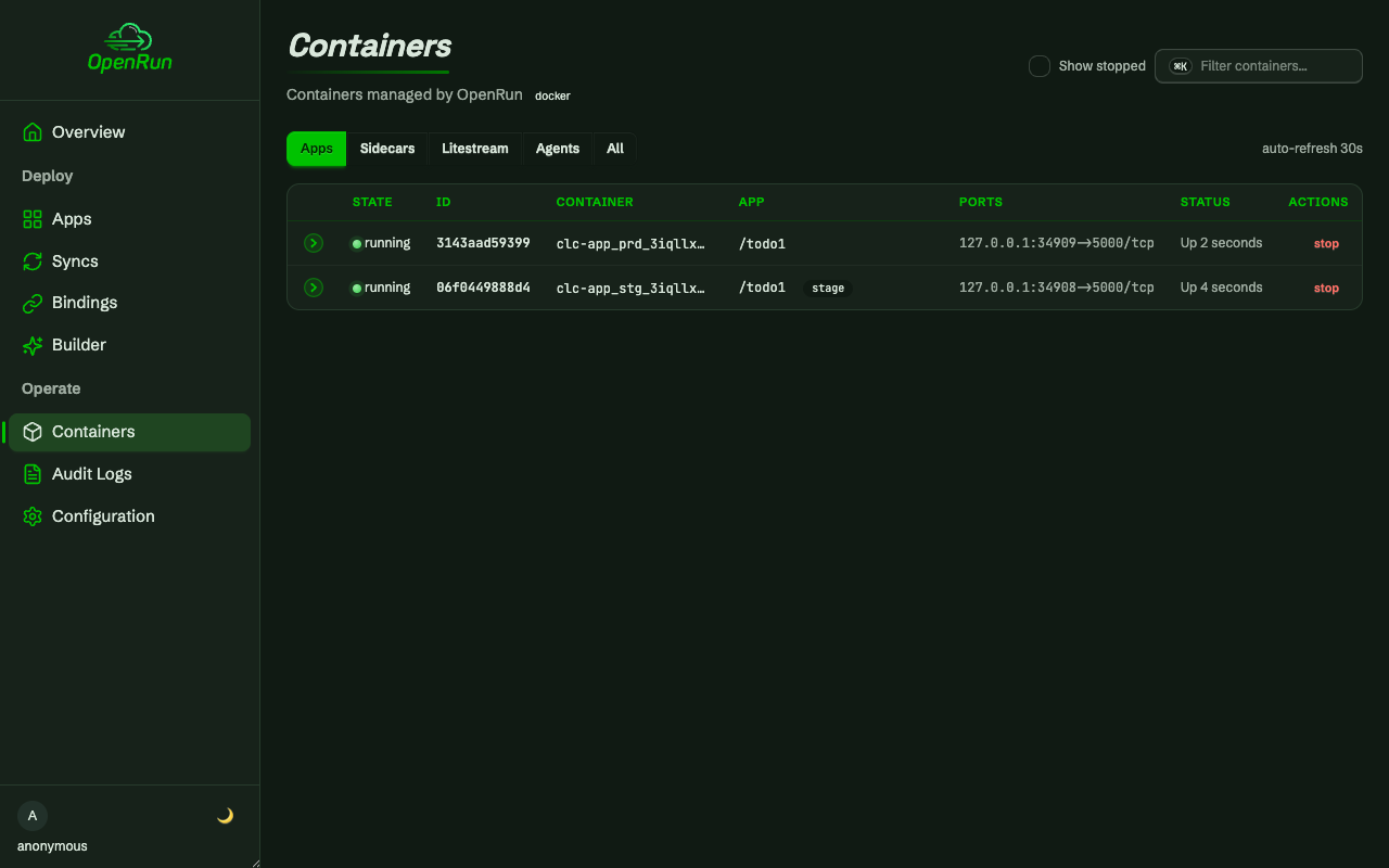 Containers page with the app's prod and staging containers