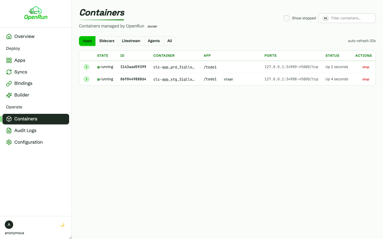 Containers page with the app's prod and staging containers