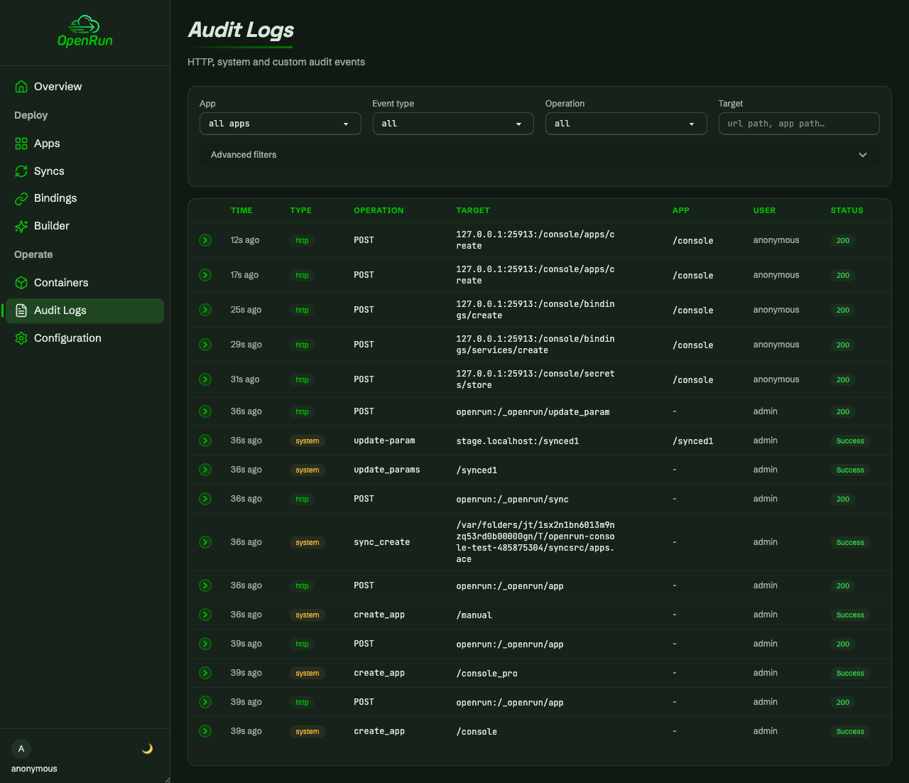 Audit page with the operations from this flow