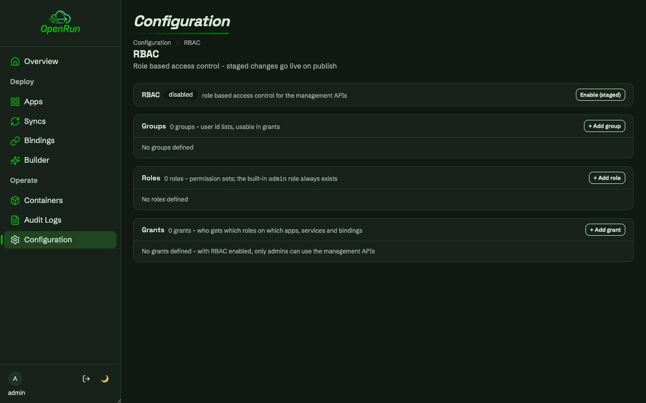 RBAC configuration page before any groups, roles or grants