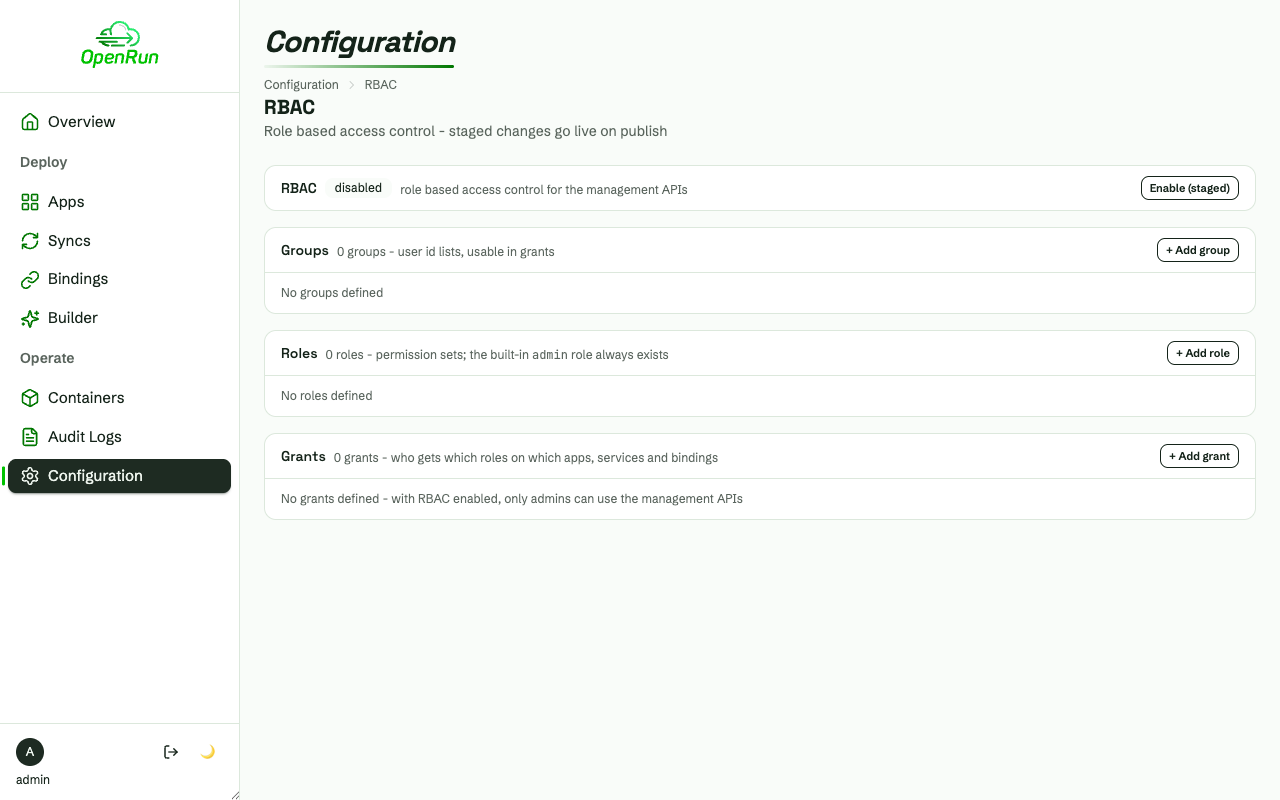 RBAC configuration page before any groups, roles or grants