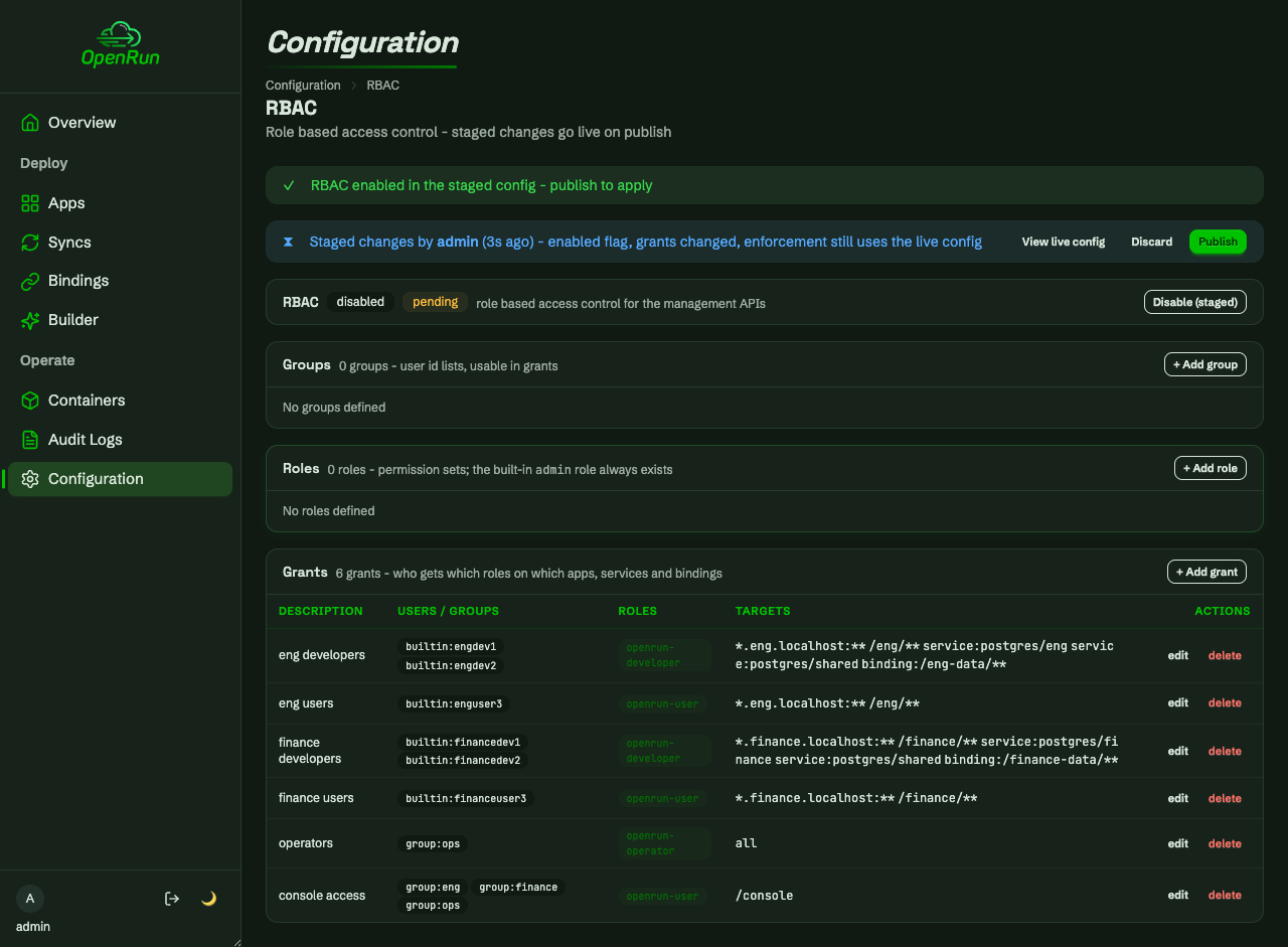 RBAC configuration with all grants staged as a draft