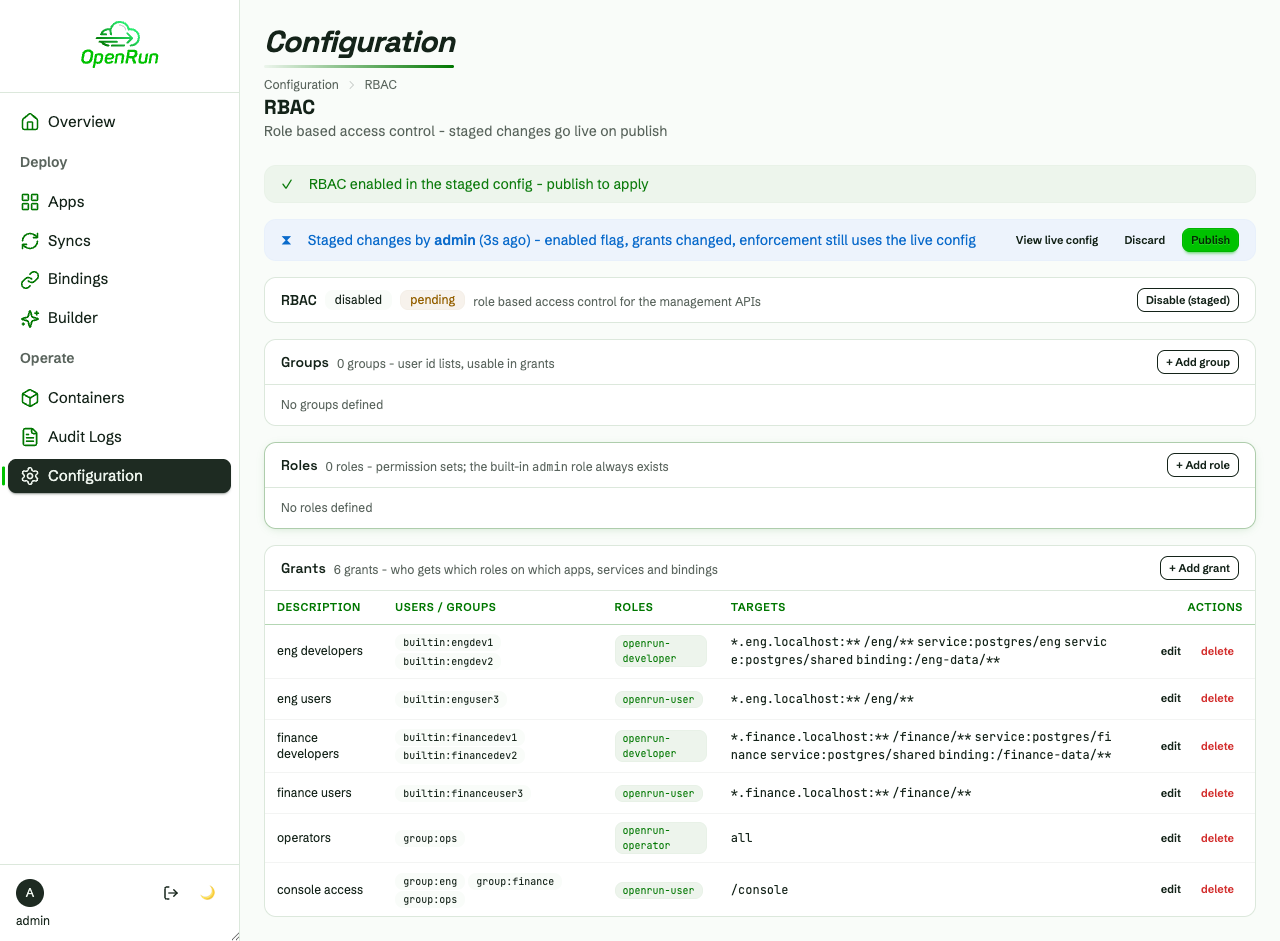 RBAC configuration with all grants staged as a draft