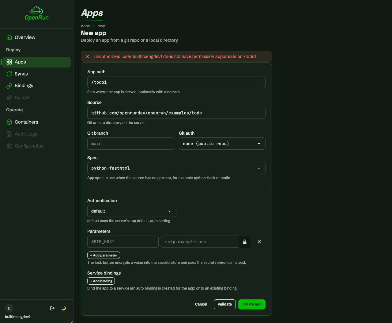 App create denied for a path outside the team scope