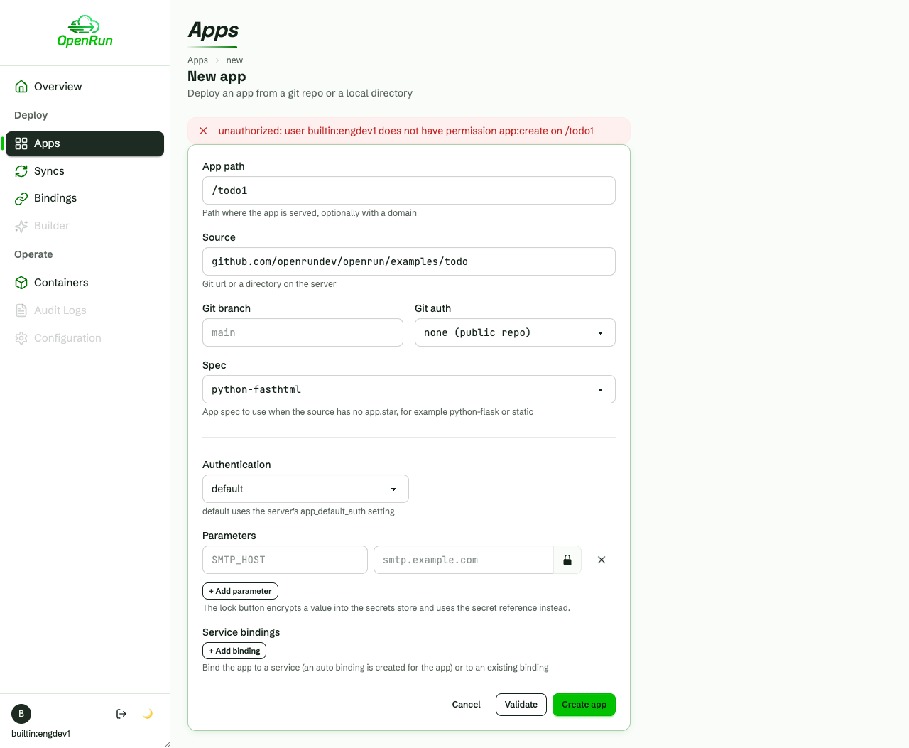 App create denied for a path outside the team scope