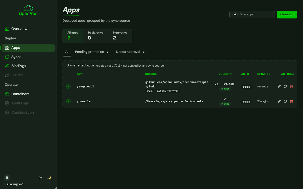 Apps page after the eng developer created the team todo app