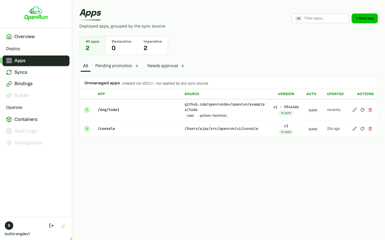 Apps page after the eng developer created the team todo app