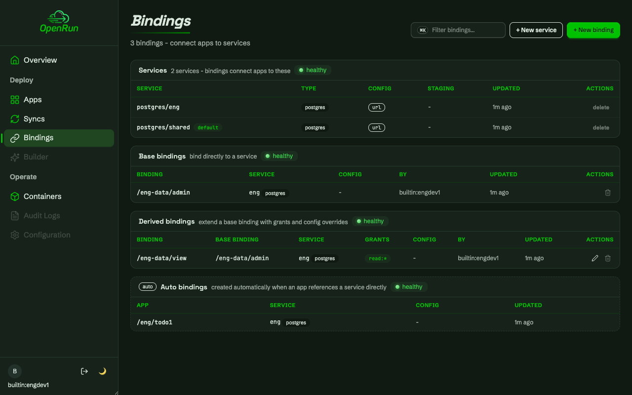 Bindings page filtered to the eng team's entries