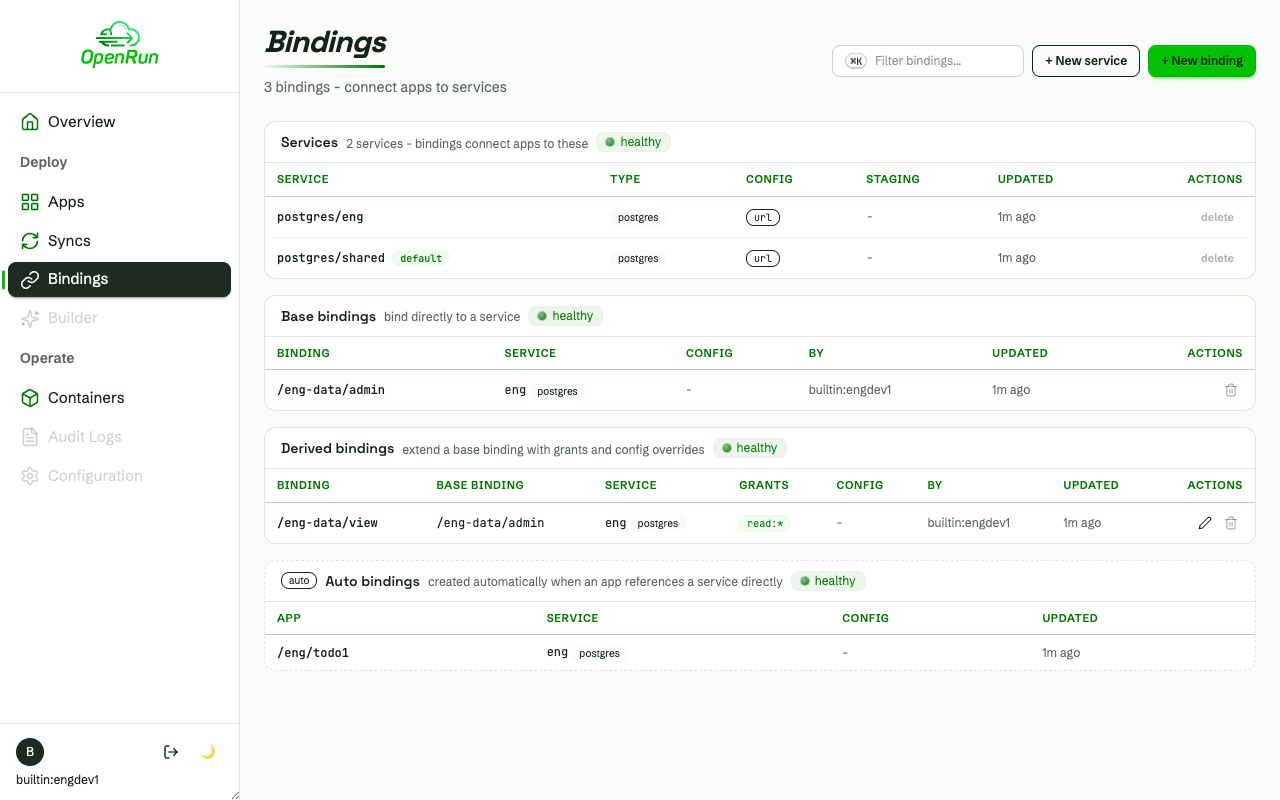 Bindings page filtered to the eng team's entries